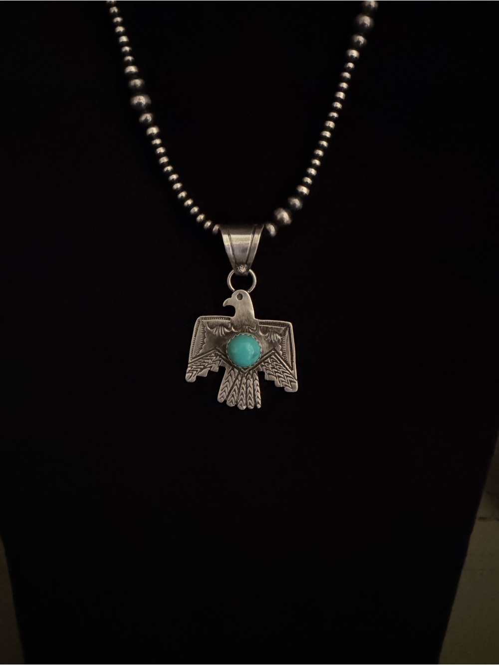 Native 925 Sterling Silver and Kingman Turquoise Thunderbird Pendant - Picture 3 of 4